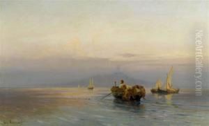 Fishing Boats In The Bay Of Naples With Vesuvius In The Background by Arthur Jean Bapt. Calame