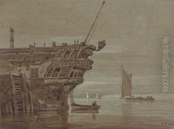 An East Indiaman Moored, Small Boats Alongside, Other Boats Further Off - view 1