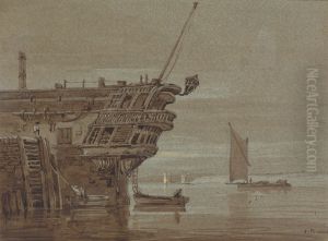An East Indiaman Moored, Small Boats Alongside, Other Boats Further Off by Samuel Prout