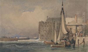 A Harbour; Breakwater Left, Small Boats Moored Alongside a Quay with Figures Right