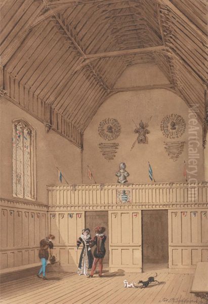 Raftered Hall with Figures in 16th Century Dress - view 1