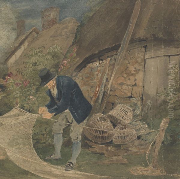 An Old Fisherman Repairing Nets with a Cottage in the Background - view 1