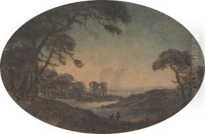 Landscape with Two Men and a Castle Ruin on the Riverbank by William Gilpin