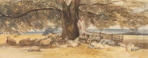 A Shepherd with Flock Beneath a Large Tree by Arthur J. Stark