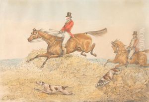 Two Riders and a Couple of Hounds Clearing a Wall by Henry Thomas Alken