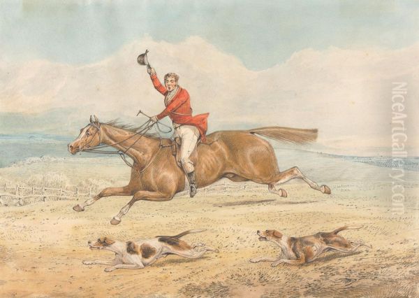 A Whipper-In and a Couple of Hounds Running Hard in Open Country - view 1
