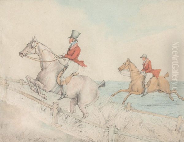 Two Riders Taking a Double Fence - view 1