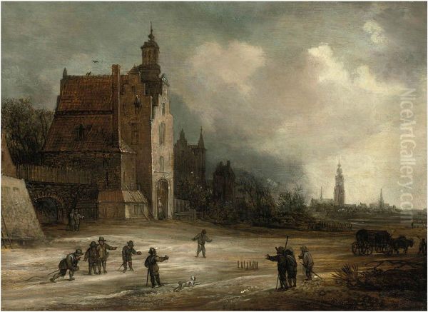 Soldiers playing skittles on a road by a manor house, a view of Breda beyondorView of the Schiedamse Poort of Delft; in the foreground peasants playing skittles, in the background two churches - view 1