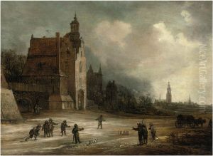 Soldiers playing skittles on a road by a manor house, a view of Breda beyondorView of the Schiedamse Poort of Delft; in the foreground peasants playing skittles, in the background two churches