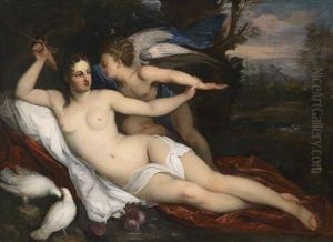 Venus And Cupid In A Landscape by Giacinto Calandrucci