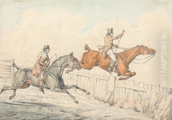Two Riders Jumping a Wooden Fence - view 1