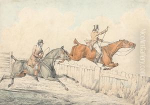 Two Riders Jumping a Wooden Fence by Henry Thomas Alken
