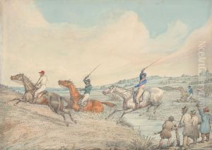 Three Riders Taking a Brook, Spectators on Right by Henry Thomas Alken