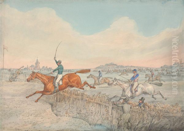 Two Riders Taking a Wooden Fence - view 1