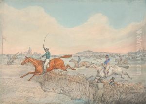 Two Riders Taking a Wooden Fence by Henry Thomas Alken