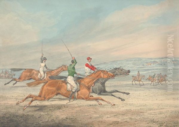Three Riders Galloping to Right, Mounted Spectators in Background - view 1