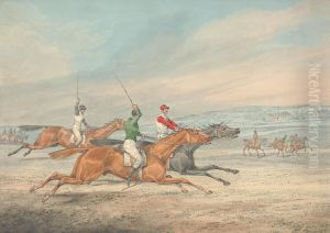 Three Riders Galloping to Right, Mounted Spectators in Background