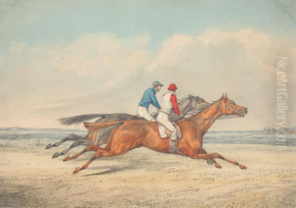 Two Jockeys Galloping Neck and Neck to Right - view 1
