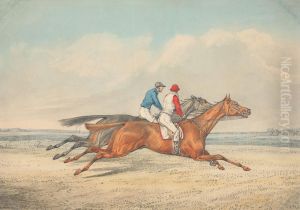 Two Jockeys Galloping Neck and Neck to Right by Henry Thomas Alken