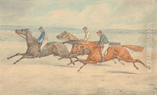 Three Racehorses with Jockeys Up Galloping in a Group to Left - view 1