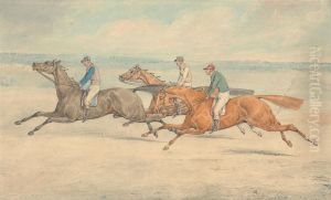 Three Racehorses with Jockeys Up Galloping in a Group to Left by Henry Thomas Alken