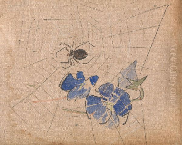 A Spider and Web with Blue Flowers - view 1