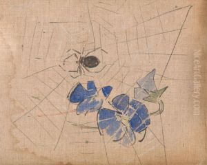 A Spider and Web with Blue Flowers