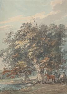 Four Horses Standing in a Group in the Shade of Large Trees by Water by Sawrey Gilpin