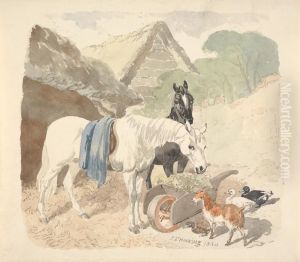 Two Horses Eating From a Wheel-Barrow Watched by a Goat and Three Ducks by John Frederick Herring, Sr.