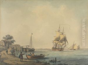 A Two-Decker Running up the Estuary with Figures on the Beach in the Foreground A Two-Decker Running up the Estuary with Figures on the Beach in the Foreground
