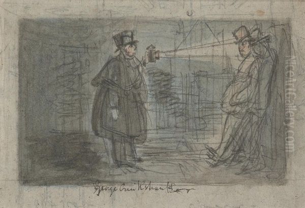 Watchman shining a torch on a Drunken Figure - view 1