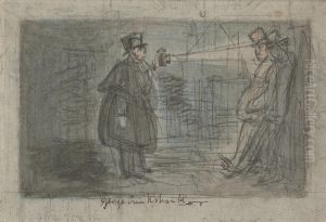 Watchman shining a torch on a Drunken Figure by George Cruikshank I