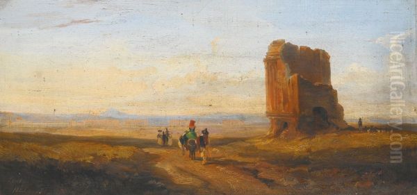 A View of the Roman Campagna with Travelers Passing a Ruined Brick Tomb, an Aqueduct in the Distance - view 1