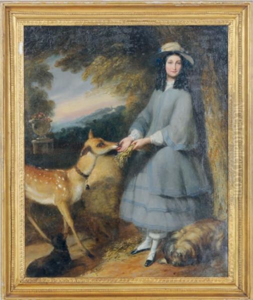 A Lady Feeding A Deer In A Forest - view 1