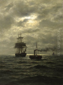 Tug and three-master in moonlight.