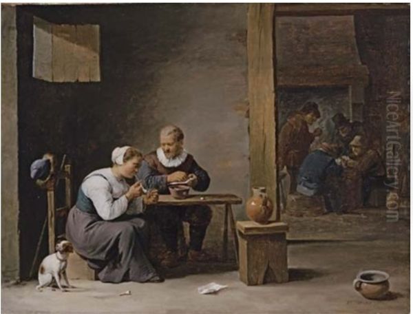 A man and woman smoking a pipe, seated in an interior, with peasants playing cards beyond - view 1