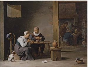 A man and woman smoking a pipe, seated in an interior, with peasants playing cards beyond by David Teniers the Younger