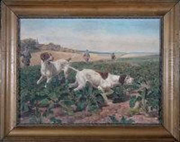 Three Sportsmen And Two Pointers In A Turnip Field - view 1