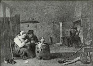Tavern interior with a woman smoking and a drinking man Tavern interior with a woman smoking and a drinking man