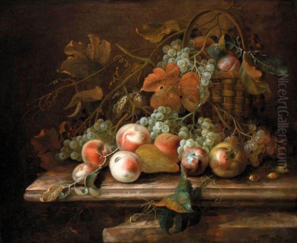 A Still Life Of Grapes In A Basket, Peaches And Plums - view 1