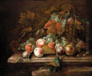 A Still Life Of Grapes In A Basket, Peaches And Plums A Still Life Of Grapes In A Basket, Peaches And Plums