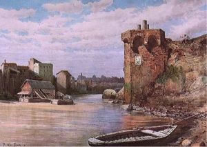 Avanzi Medioevali sull'isola tiberina (rione Ripa). Sullo sfondo uno dei mulini.