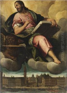 San Marco E Il Leone, Con Una Veduta Della Piazzetta E La Torredell'orologio by Carletto Carliari