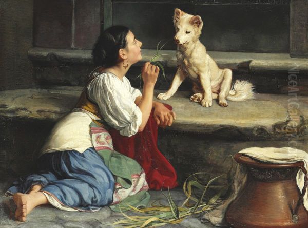 A young Italian woman playing with a dog - view 1