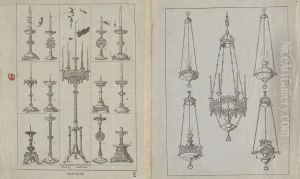 Designs for Gothic Standing Candlesticks and Incense Burners by Augustus Pugin