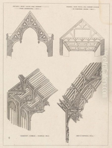 Sketches of Antient (sic) Roof with Framing Made Ornamental, Fig. 1: Modern Roof with the Framing Conceald (sic) by a Plastered Ceiling, Fig. 2; Blakeney Church Norfolk, Fig. 3; Bury St - view 1