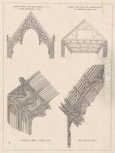 Sketches of Antient (sic) Roof with Framing Made Ornamental, Fig. 1: Modern Roof with the Framing Conceald (sic) by a Plastered Ceiling, Fig. 2; Blakeney Church Norfolk, Fig. 3; Bury St by Augustus Pugin