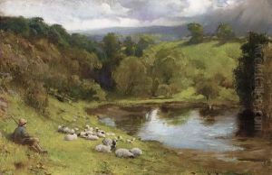 A Shepherd Resting With His Flock By A Lake by Lance Calkin
