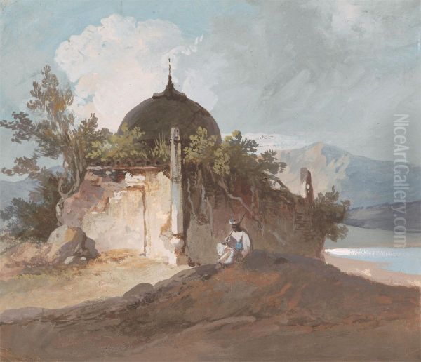 Figure Seated by an Indian Temple - view 1
