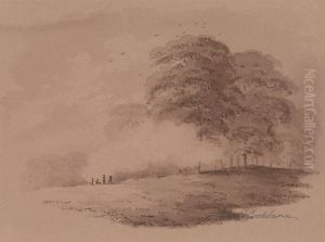 Group of Figures Round a Distant Bonfire in a Wood